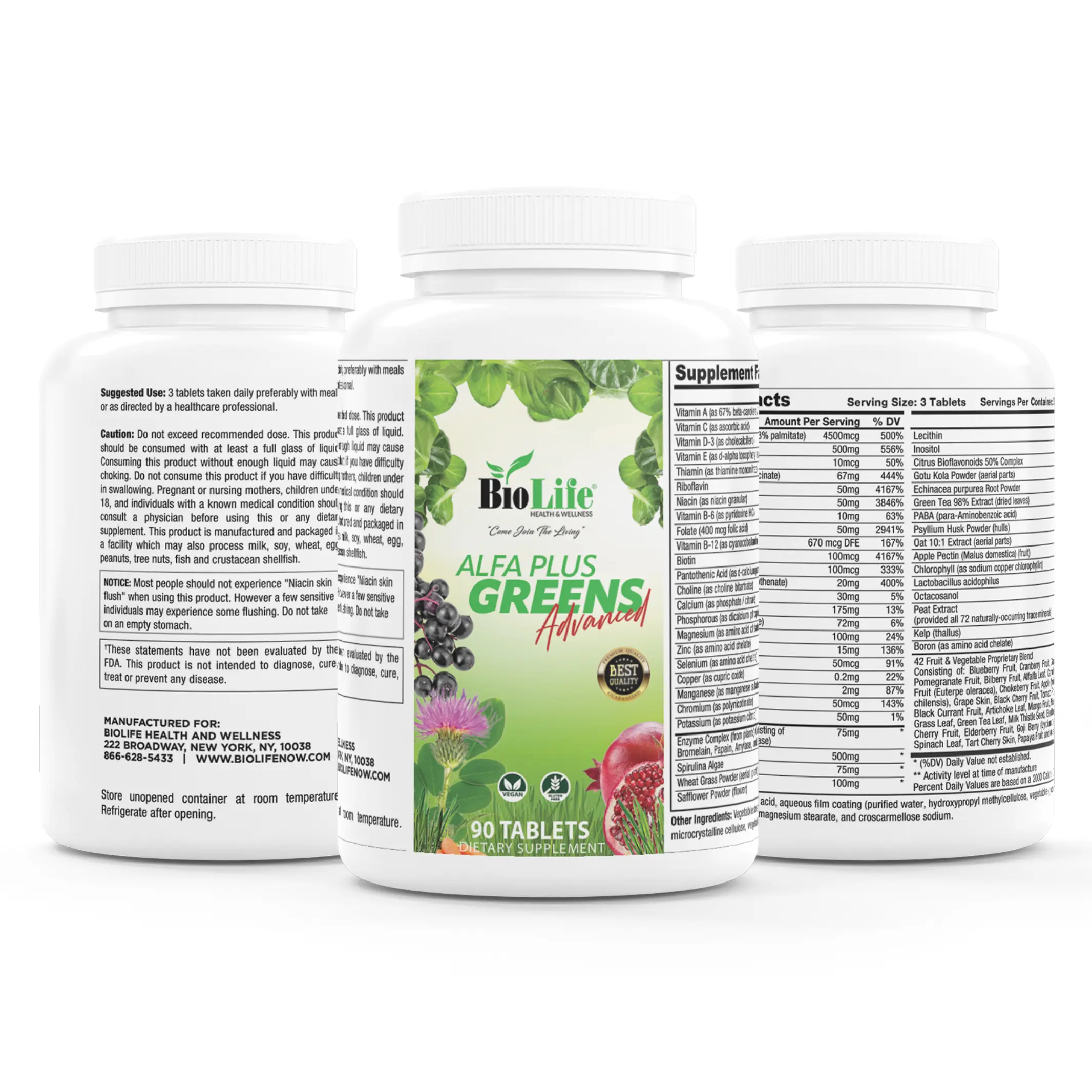 Biolife Alfa Plus Greens Advanced - Super Greens Multivitamin Fruit and Vegetable Supplements for Adults - Multi Vitamins and Minerals Superfood Greens for Men & Women - Green Superfoods 90 Tablets