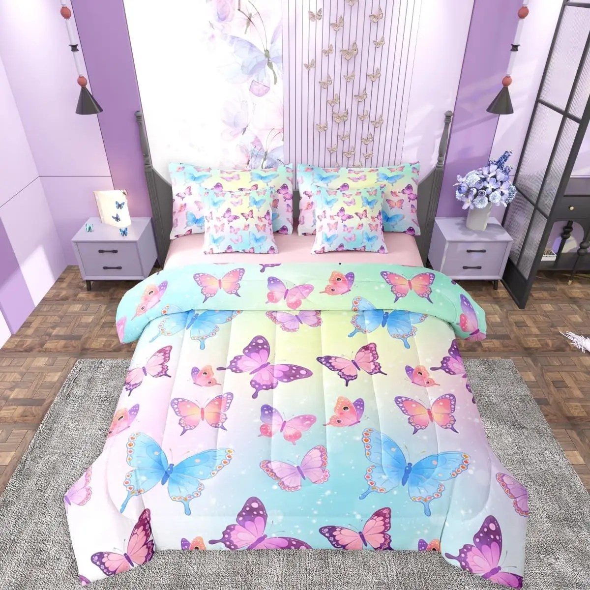 Butterflies 7 Pieces Bedding Set,Blue Purple Butterfly Bed in a Bag,Elegant Wildlife Bed Set Includes Comforter,Sheet Set,Pillowcases & Pillow Covers,Gradient Starry Bedroom Decor