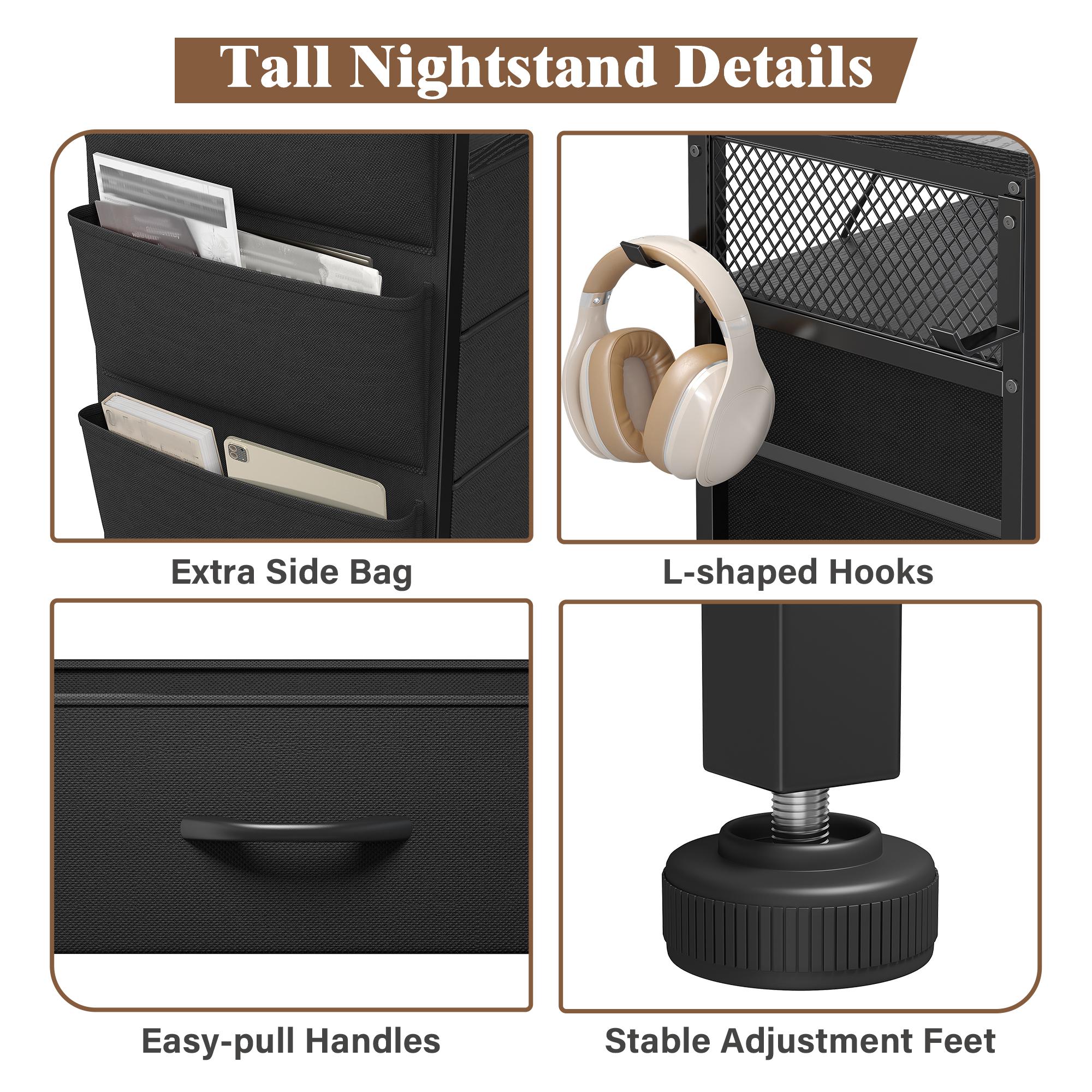 Raybee 37.5" Tall LED Night Stand with 5 Drawers for Tall Bed, Black Narrow Dresser with Charging Station for Living Room, Night End Table with Extra Side Bag & Hooks, Bedside Table with Power Stripe, Bedroom, Closet, Hallway, Entryway, White, Brown