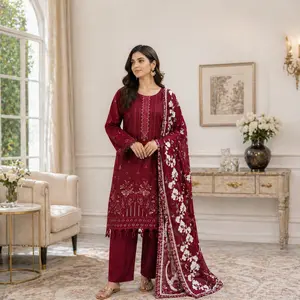 ZAROORI Maroon Cotton Embroidered Pakistani 3-Piece Suit – Ivory Thread Work with Printed Dupatta | Article No: ZR-103