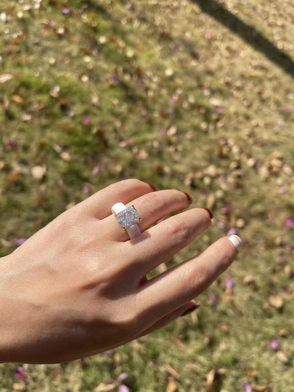 Icy White Emerald Cut CZ Engagement Ring for Women 10x8mm Cubic Zirconia Wedding Gift Thin 5.7mm Silicone Comfort Band Stackable Glow Ring