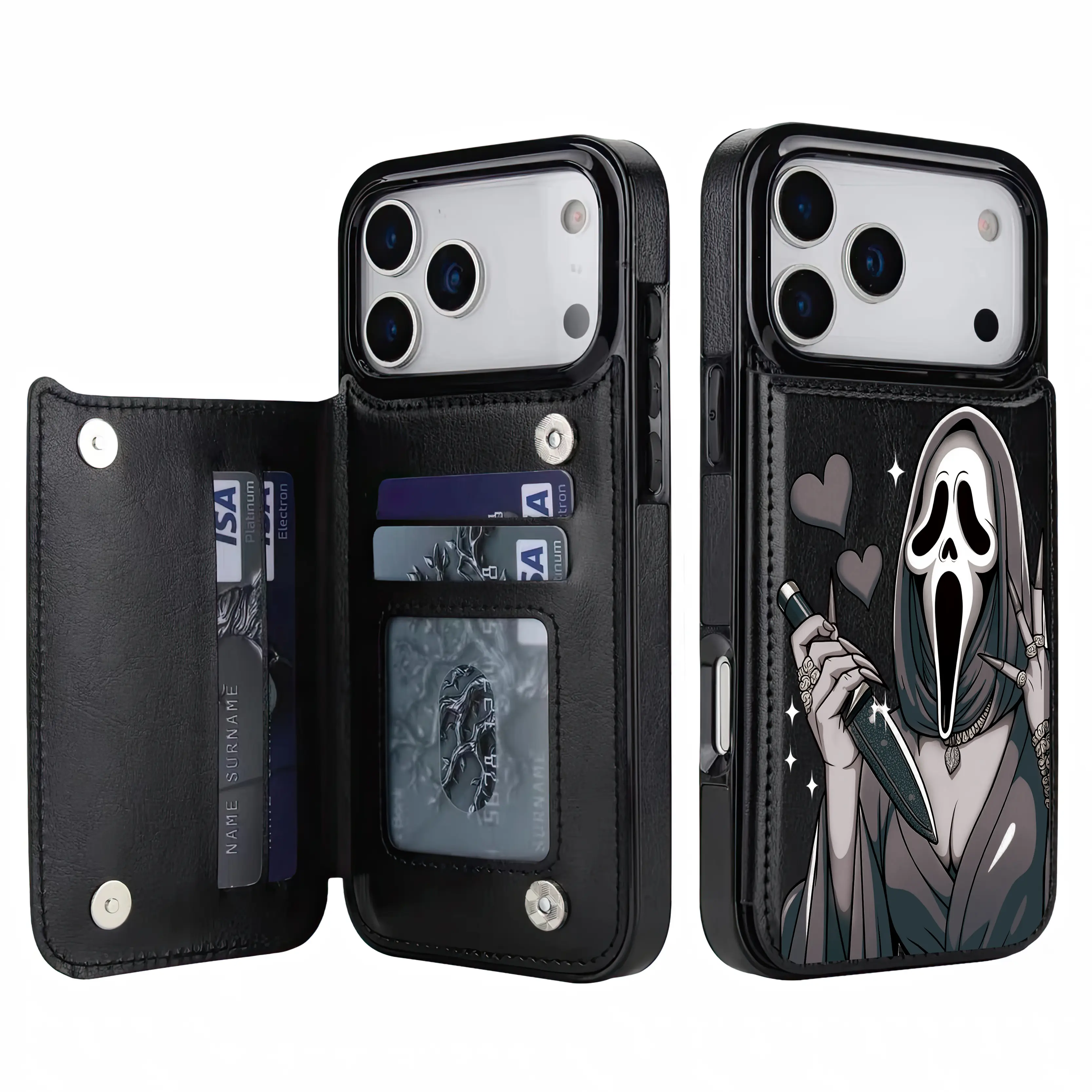 Spooky Cute Halloween Leather Wallet Phone case for iPhone Samsung 17Pro Max Air 16Plus 15 14 13 12 Galaxy S25 S24 S23 S22cases, Ghostface, Magnetic Flip Folio Cover with Card Holder, Shockproof Drop Protection, Designed for Women.JL121
