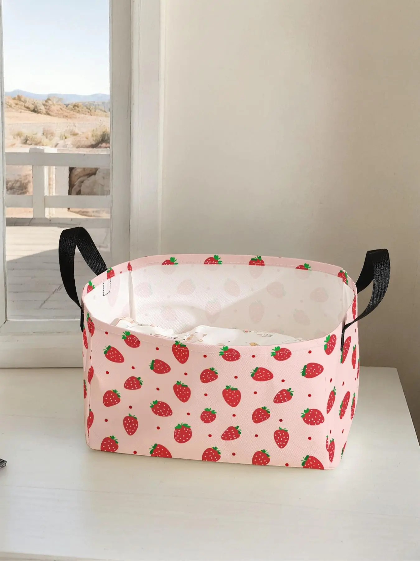 Strawberry Pattern Storage Basket with Handle, Multi-functional Foldable Storage Basket, Portable Storage Box for Living Room, Bathroom, Kitchen, Collapsible Storage Baskets, Basket with Handles, Basket Organizer