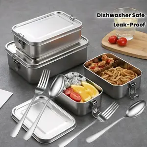 1pc stainless steel container metal lunch box, lockable clip leak-proof, dishwasher safe, snack box, outdoor kitchen supplies, suitable for work, picnic, Stainless Steel Bento (28.74oz box）