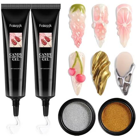 Fcozpjk 3D Sculpting Gel for Nail Art 2PCS 10g Clear 3D Nail Art Gel Liner Nail Polish Carving Modeling Gel for Nail Design 5D Embossed Gel Candy Gel With Gold Silver Chrome Nail Powder