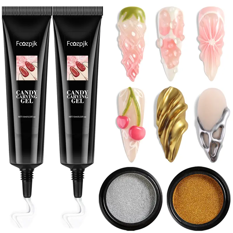 Fcozpjk 3D Sculpting Gel for Nail Art 2PCS 10g Clear 3D Nail Art Gel Liner Nail Polish Carving Modeling Gel for Nail Design 5D Embossed Gel Candy Gel With Gold Silver Chrome Nail Powder