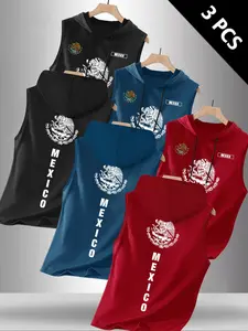 Men's 3-Pack Mexican Letter Print Hooded Sleeveless T-Shirt, Casual Comfortable Hoodie Vest, Summer Outdoor Fitness Wear