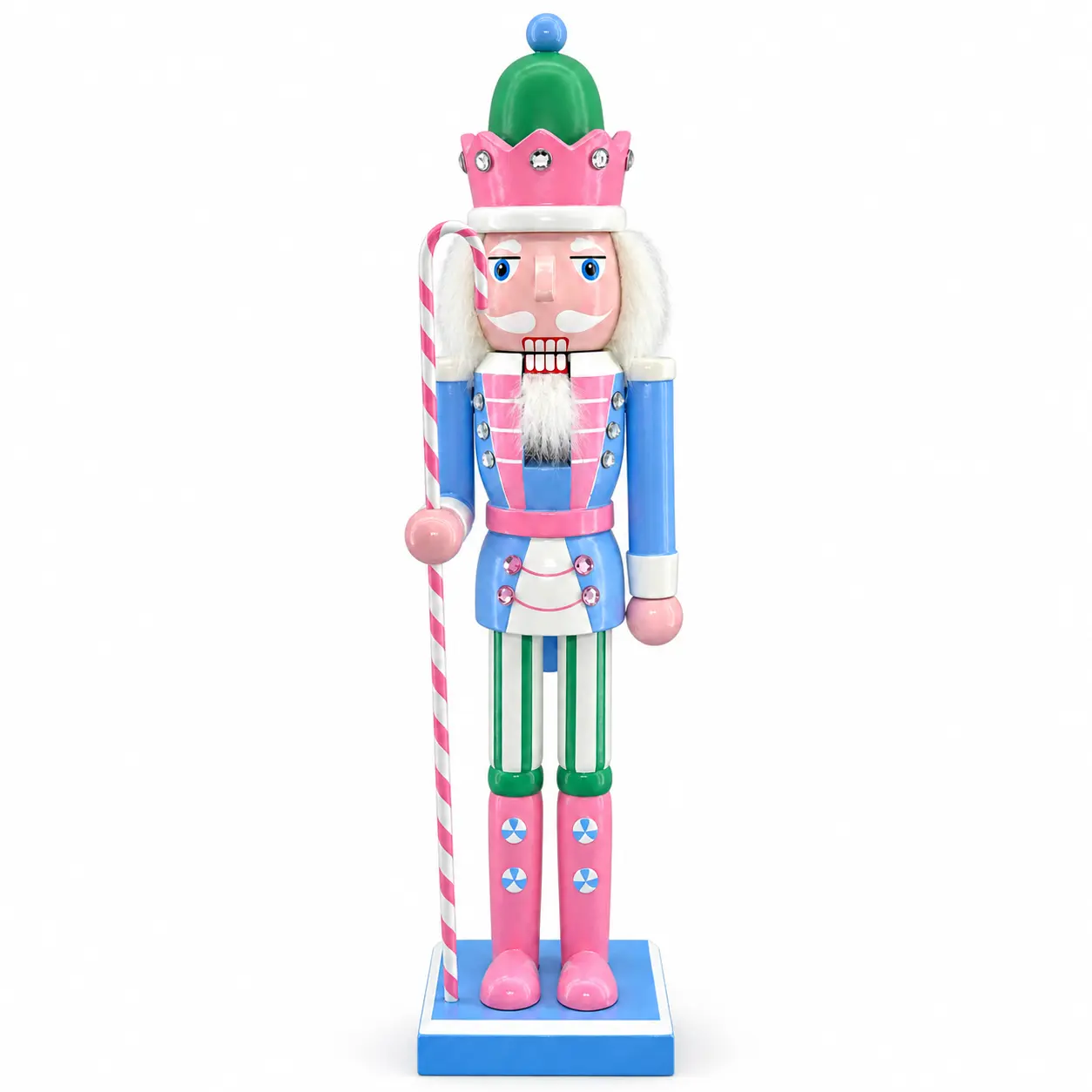 Nutcracker Figure with Pink Crown and Blue Suit, Traditional Design, Perfect for Holiday Decor