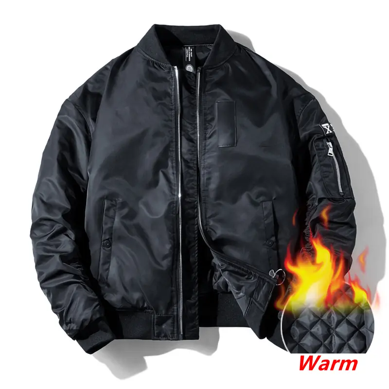 Men's Thick MA-1 Bomber Jacket, Casual Solid Polyester Military Coats, Winter Windbreaker Outerwear with Zippers, M