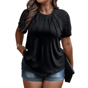 Eytino Plus Size Tops for Women Summer Lace Short Sleeve Crewneck Loose Casual Blouse Tunic T Shirts(1X-5X)