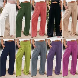 2025 Spring and Summer Women's Clothing Cotton and Linen Pure Color Elastic Waist Wide-Leg Pants Casual Pants Trousers for Women Womenswear Bottom