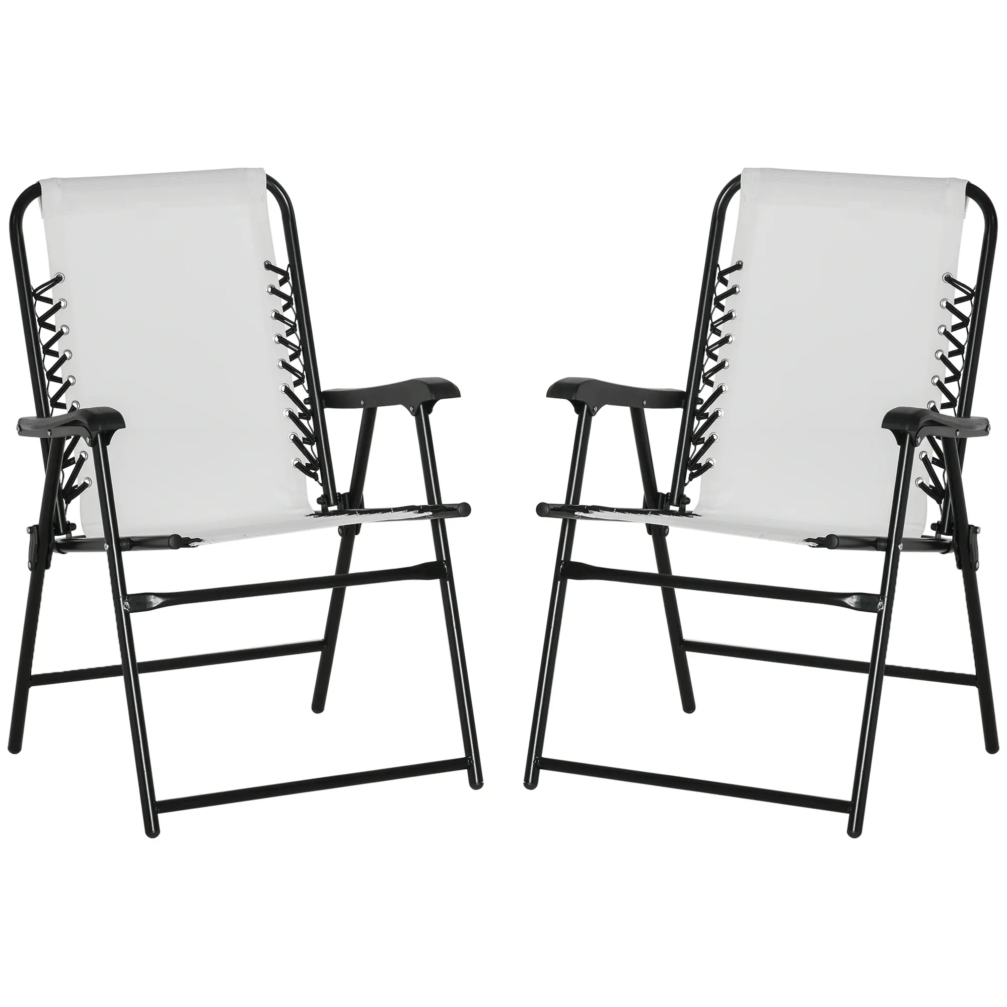 Outsunny Set of 2 Patio Folding Chairs, Outdoor Bungee Sling Chairs w/ Armrests, Portable Lawn Chairs for Camping, Garden, Pool, Beach, Backyard, Gray