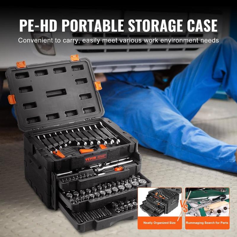 VEVOR Mechanics Tool Set and Socket Set, 1/4 3/8 1/2 Drive Deep and Standard Sockets, 205 Pcs SAE and Metric Mechanic Tool Kit with Bits, Combination Wrench, Hex Wrenches, Accessories, Storage CaseHoliday gifts