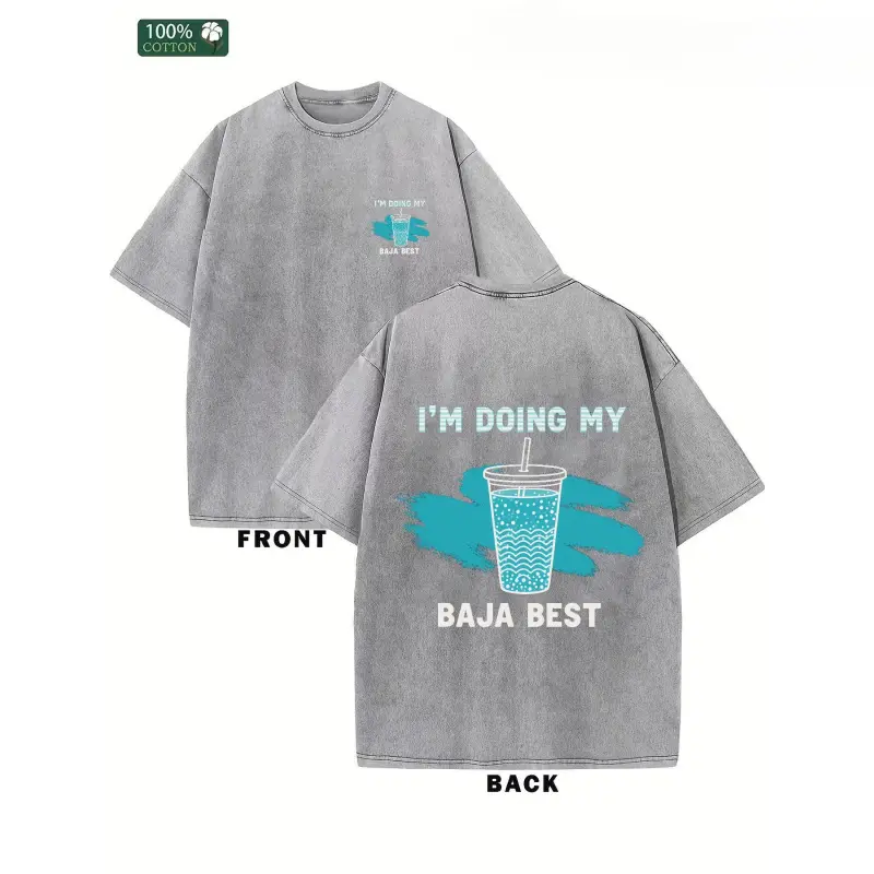 Vintage "Baja Best" Full Print Unisex Washed Cotton Short-Sleeve Crew Neck Sports Top, Machine-Washable Casual Streetwear Shirt