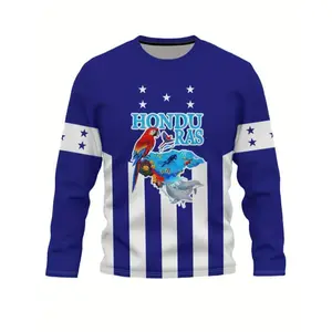 [Honduran Flag Print Tee] Casual Honduran Crew Neck T-shirt - Long Sleeve, Spring and Autumn Outdoors Wear for Men Streetwear Crewneck