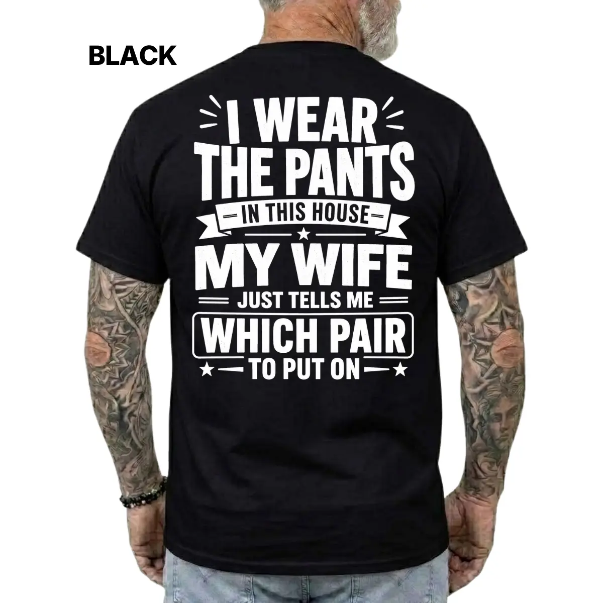 Funny Husband Wife Graphic T-Shirt, I Wear the Pants Marriage Joke Tee, Sarcastic Couples Gift, Black Casual Shirt for Husbands, Dads and Married Men, Anniversary Gift, Short Sleeve Printed Graphic Shirt, Daily Casual Cotton Menswear