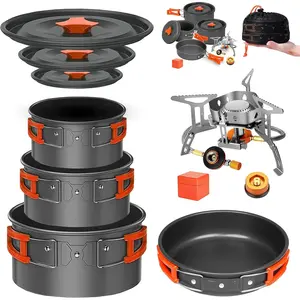 Camping Cookware Mess Kit Set with Stove - Backpacking Camping Pots and Pans Set, All in One Non-Stick Camping Cooking Set, Portable Stove, Hiking, Picnic, Outdoor & Camping Cookware Set