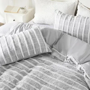 Tufted  Duvet Cover Set, 3 count Soft & Comfortable Lightweight Textured Boho Embroidery Shabby Chic Bedding Set,Includes 1 Duvet Cover, 2 Pillow Cases (Grey Gingham, )