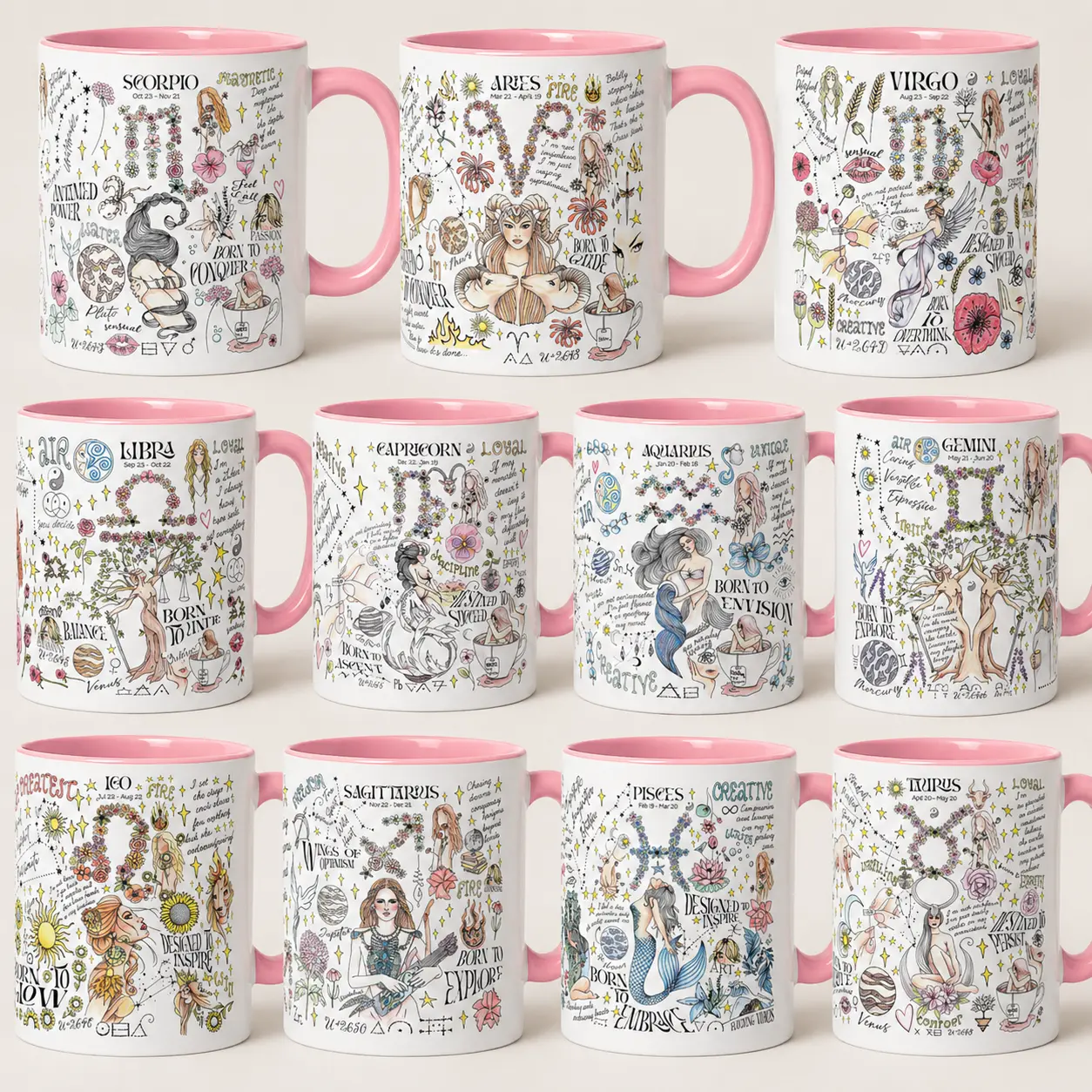 Zodiac Mug Set Pink - 12 Astrology Signs Ceramic Coffee Mugs Horoscope Birthday Gift Pink Handle White Mug Women Men