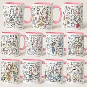 Zodiac Mug Set Pink - 12 Astrology Signs Ceramic Coffee Mugs Horoscope Birthday Gift Pink Handle White Mug Women Men