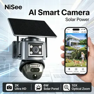 NiSee Triple-Lens Linkage Solar-Powered 4G Security Camera,10x Zoom,2K HD 360° View Pan,AI Motion Detection,Two-Way Audio,Color Night Vision,Waterproof,Outdoor Security Cctv Lens