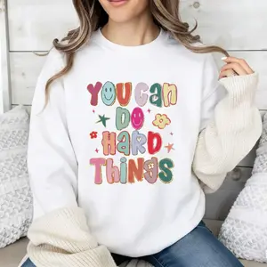 [Printed Design – Not Textured]You Can Do Hard Things Inspirational Quote Sweatshirt For Women Retro Groovy Smiley Face Floral Pullover Casual Oversized Long Sleeve Crewneck Graphic Top