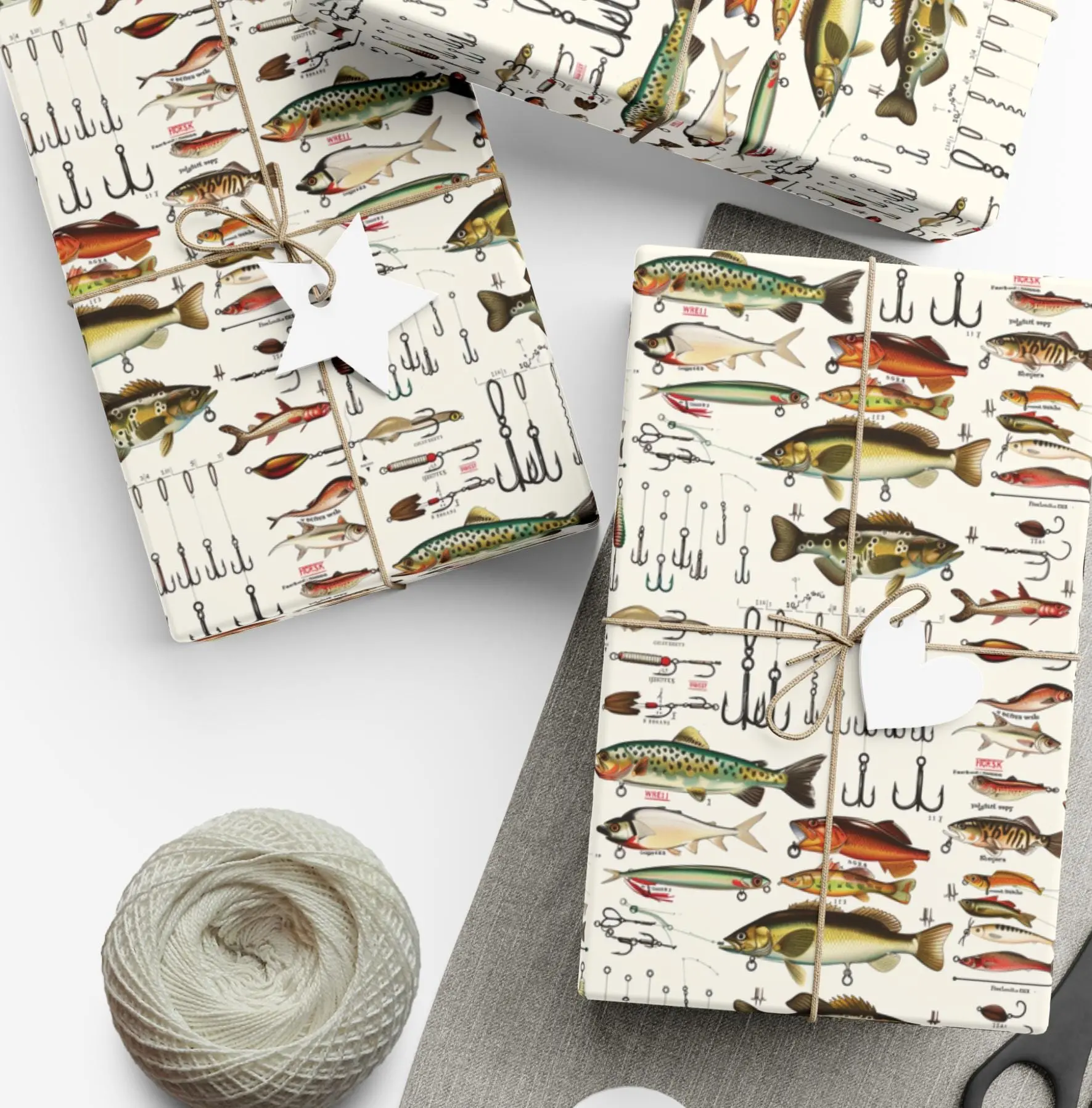 Fishing Lures Wrapping Paper, Vintage Fish & Hook Gift Wrap, Fishing Lover Birthday Gift Paper, Fisherman Father's Day & Christmas Wrapping Paper