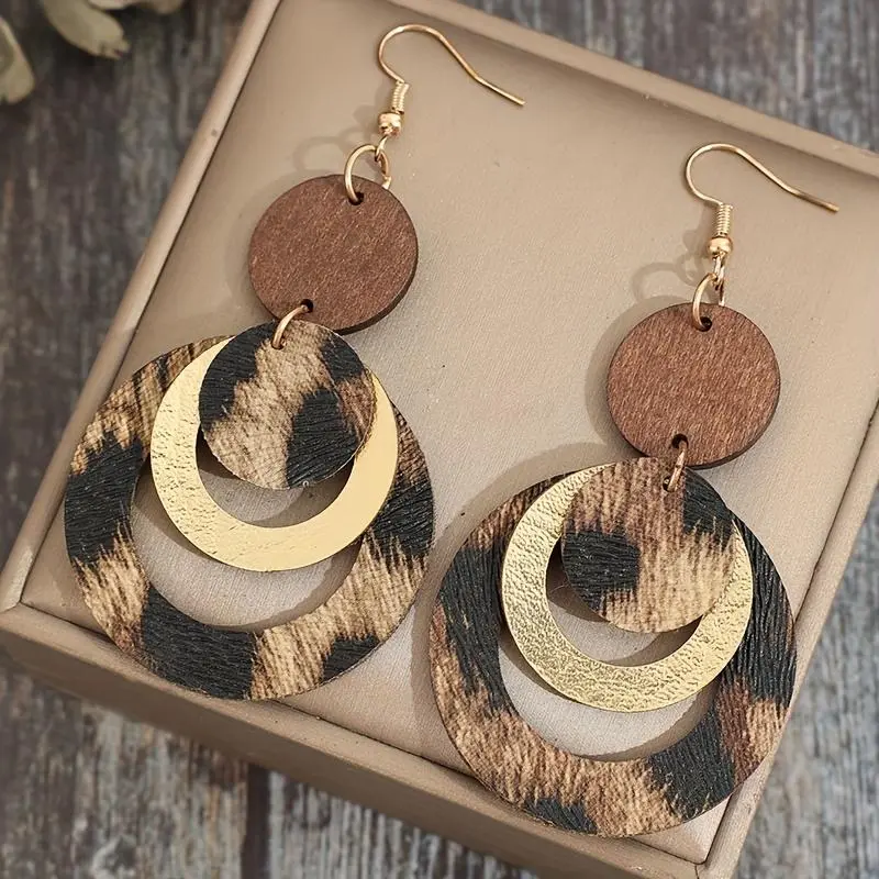 Women's Vintage PU Leather Chunky Earrings - Multi-Layered Brown Cheetah Animal Motif, Cutout, Alternative Style, Resort Wear, Feminine Aesthetic Costume Jewelry, Chunky Jewelry, Statement Pieces, Cutout Motif, Animal Motif Earrings
