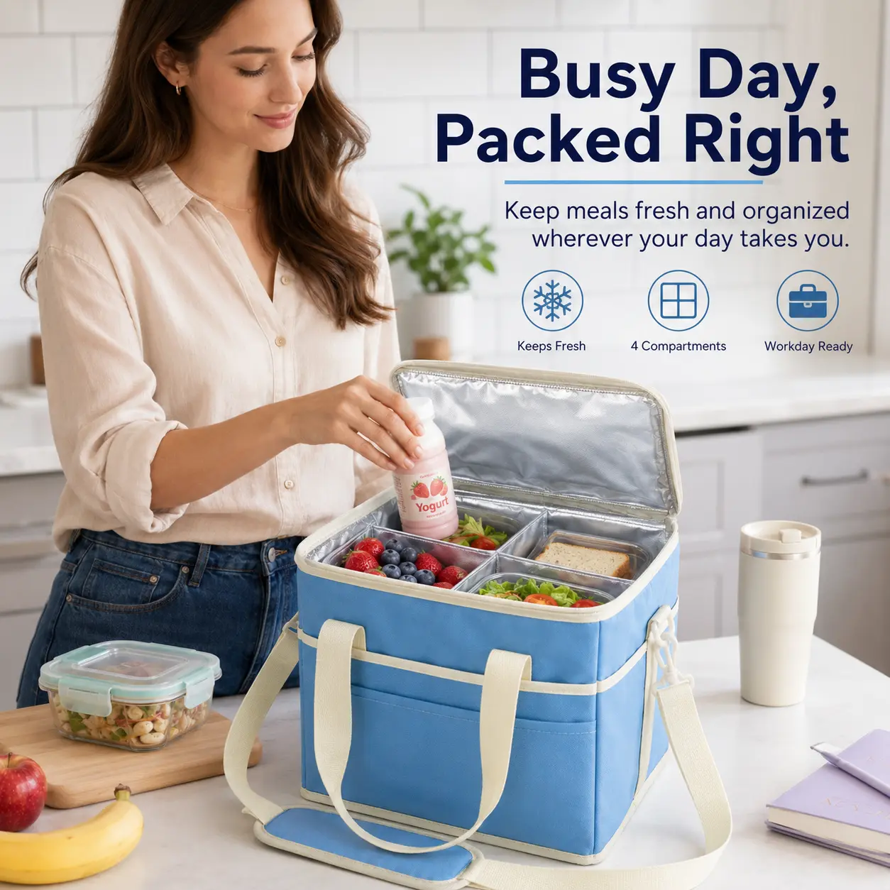 Family Size Drink Organizer Storage Bag with Lid - 4-Compartment Insulated Cooler Storage Bag for Cups, Water Bottles, Coffee Mugs, Picnic, Camping, Everyday Ready, Keeps Food Neat & Cool, No More Mixed-Up Lunches