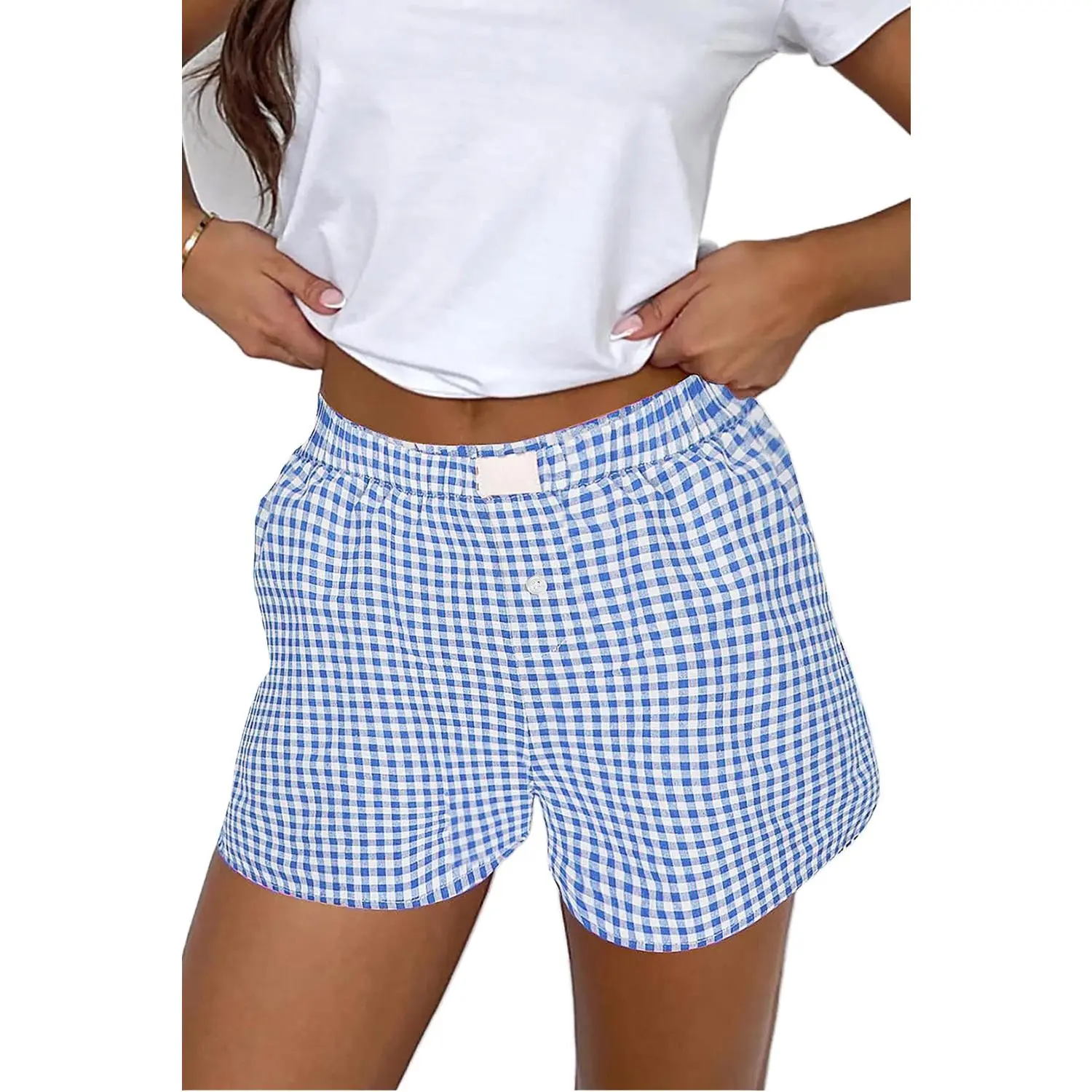 Women's Blue Red Plaid Gingham High Waist Casual Shorts