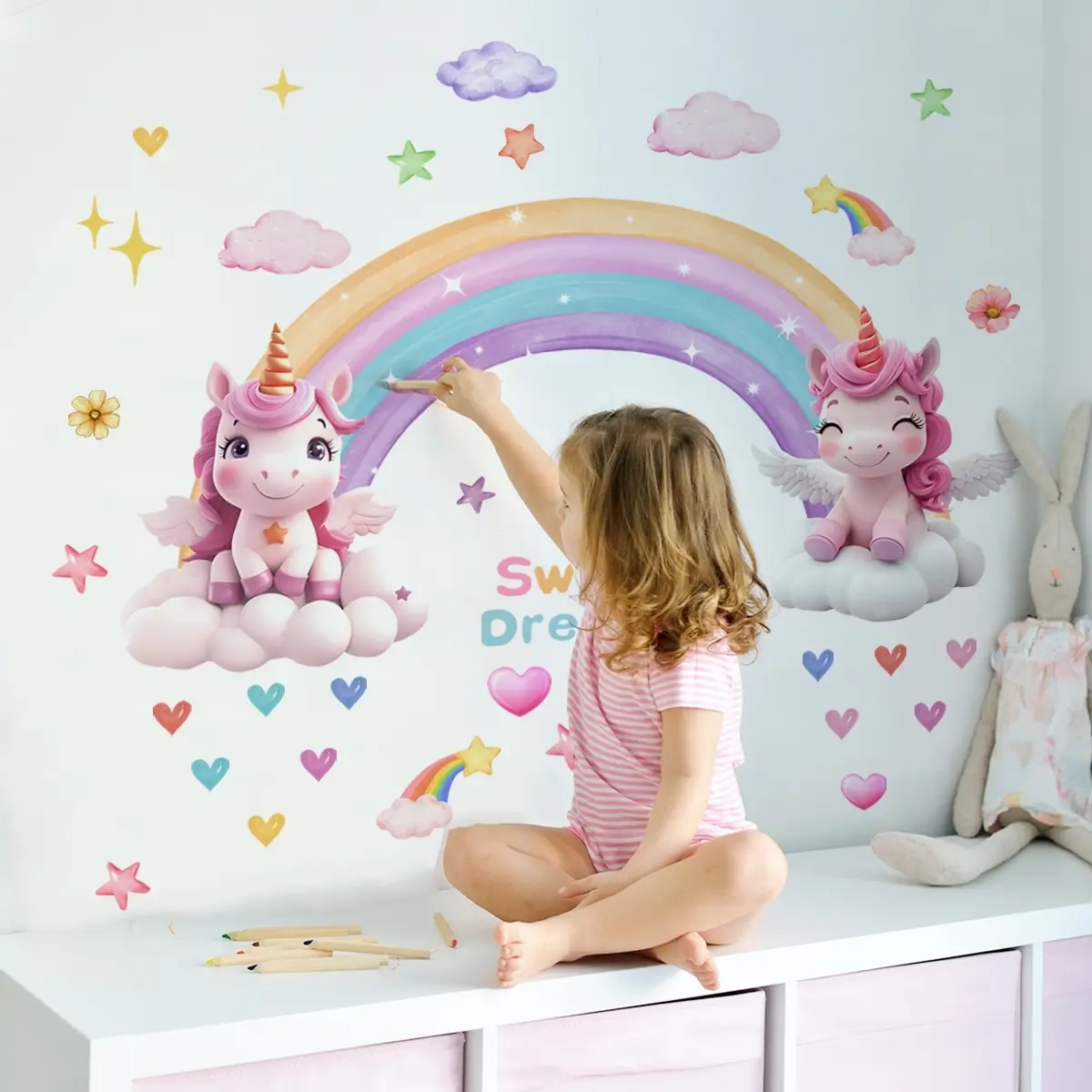 Rainbow Cloud Unicorn Wall Decals Set, 2 Sheets (30x90cm), Home Decor for Living Room & Bedroom, Decorative Stickers, Easy-Remove Wallpaper Stickers, Wall Stickers Decorations