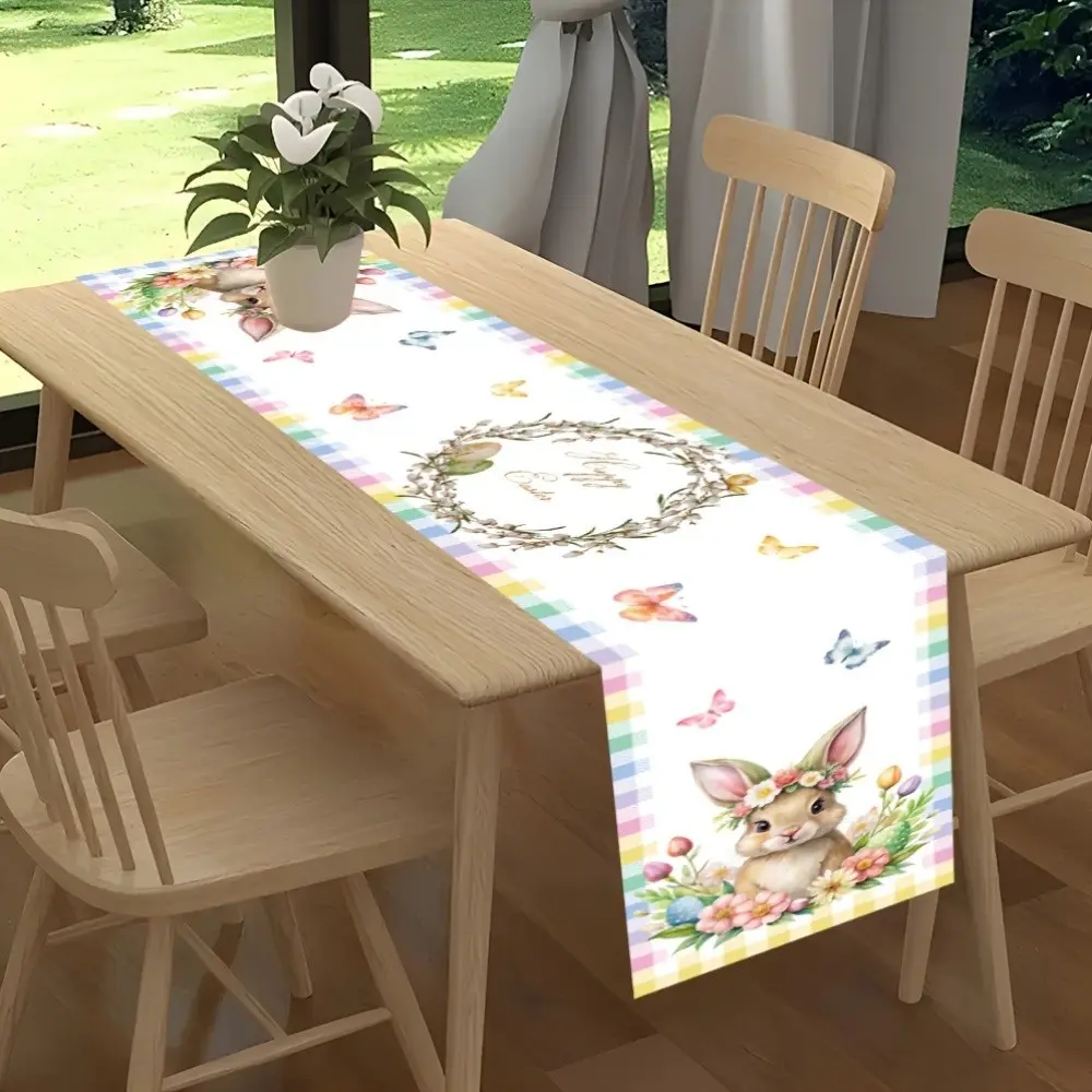 Easter Bunny Polyester Tablecloth Banner, Festive Decorative Vibrant Seasonal Spring Summer Decor, Indoor Outdoor Activities, Family Gatherings, Restaurant Use