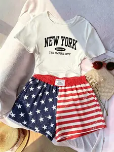 Independence Day Theme Two-Piece Set, New York Letter Crop Top + Vintage American Flag Shorts, Casual Summer for Women
