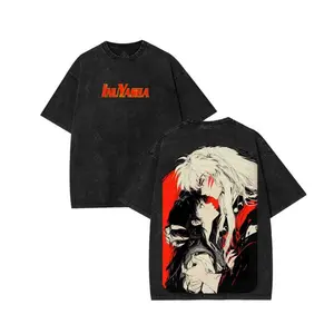 Inuyasha x Kagome Japanese Anime Oversized Graphic Tee Vintage Y2K Trendy Design Casual double Printed Acid Washed Cotton T-Shirt Unisex Streetwear, Apparel Classic Crewneck Top Manga Movie Menswear, Gift Fan Lover Merch Shortsleeve Soft