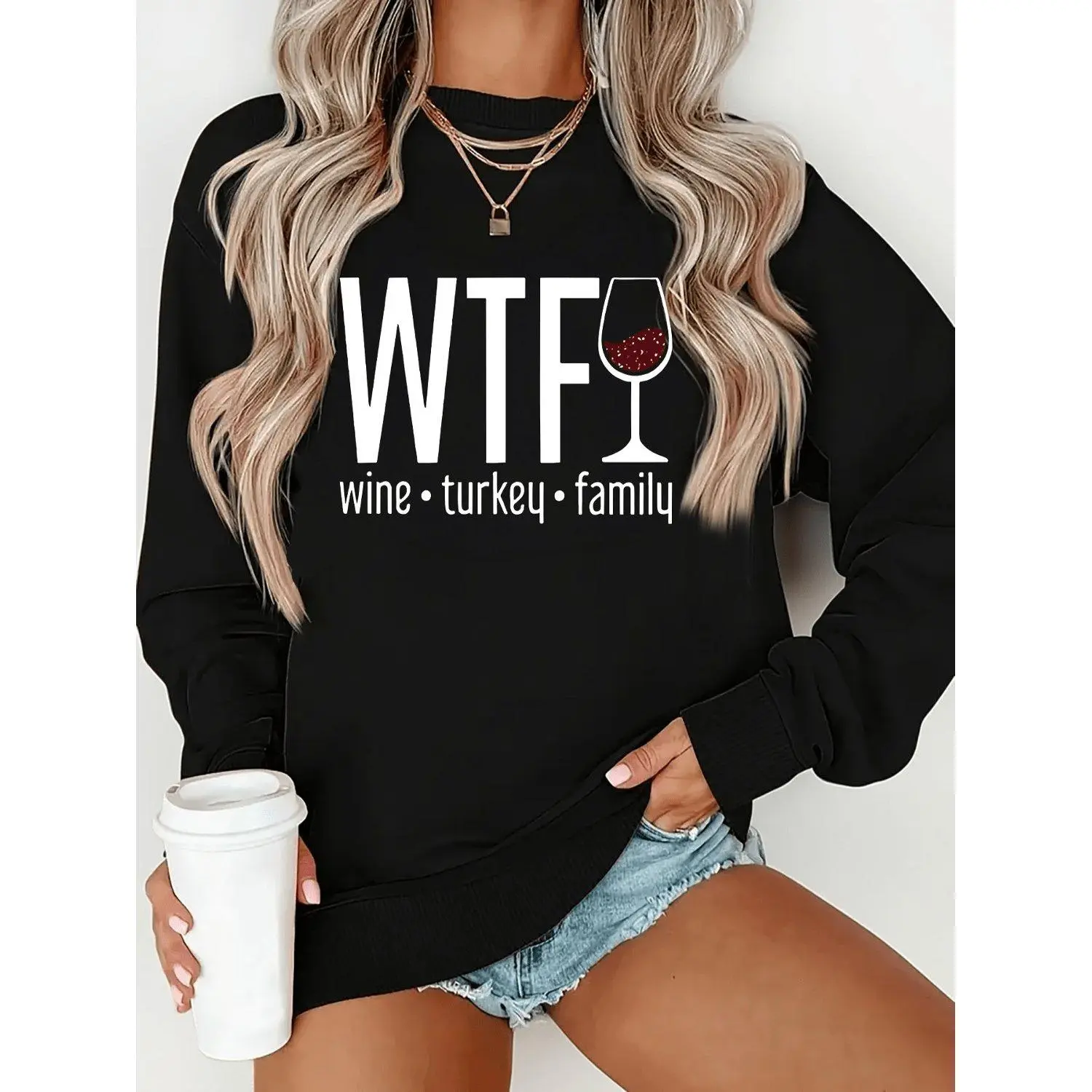 Casual Crew Neck Sweatshirt with Wine Turkey Family Graphic Print Unisex Pullover Comfortable Lightweight Spring Fall Fashion Top Streetwear
