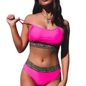 Cali Chic Swimsuit Women Color Block Rose Leopard High Waist Two Piece Bikini Set