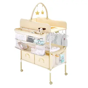 VEVOR Baby Changing Table, Foldable Diaper Change Station with 2 Fabric Drawers, Side Basket Hanging Rod, Adjustable Height Portable Changing Table with Lockable Wheels 2 Star Toys, Light Beige