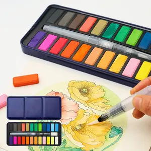 24 Color Solid Watercolor Paint Set for Beginners, Block Powder Box, Vibrant Colors, Long-Lasting, Includes Brush & Sponge, Portable Iron Case, Travel Painting Supplies, Art Materials