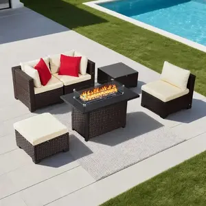 VEVOR 6 - Piece Outdoor Patio Furniture Set, Wicker Rattan Outdoor Sectional Conversation Set with 50000BTU Propane Fire Pit Table, Cushioned Sofas, Coffee Table Ottoman for Patio Garden Backyard