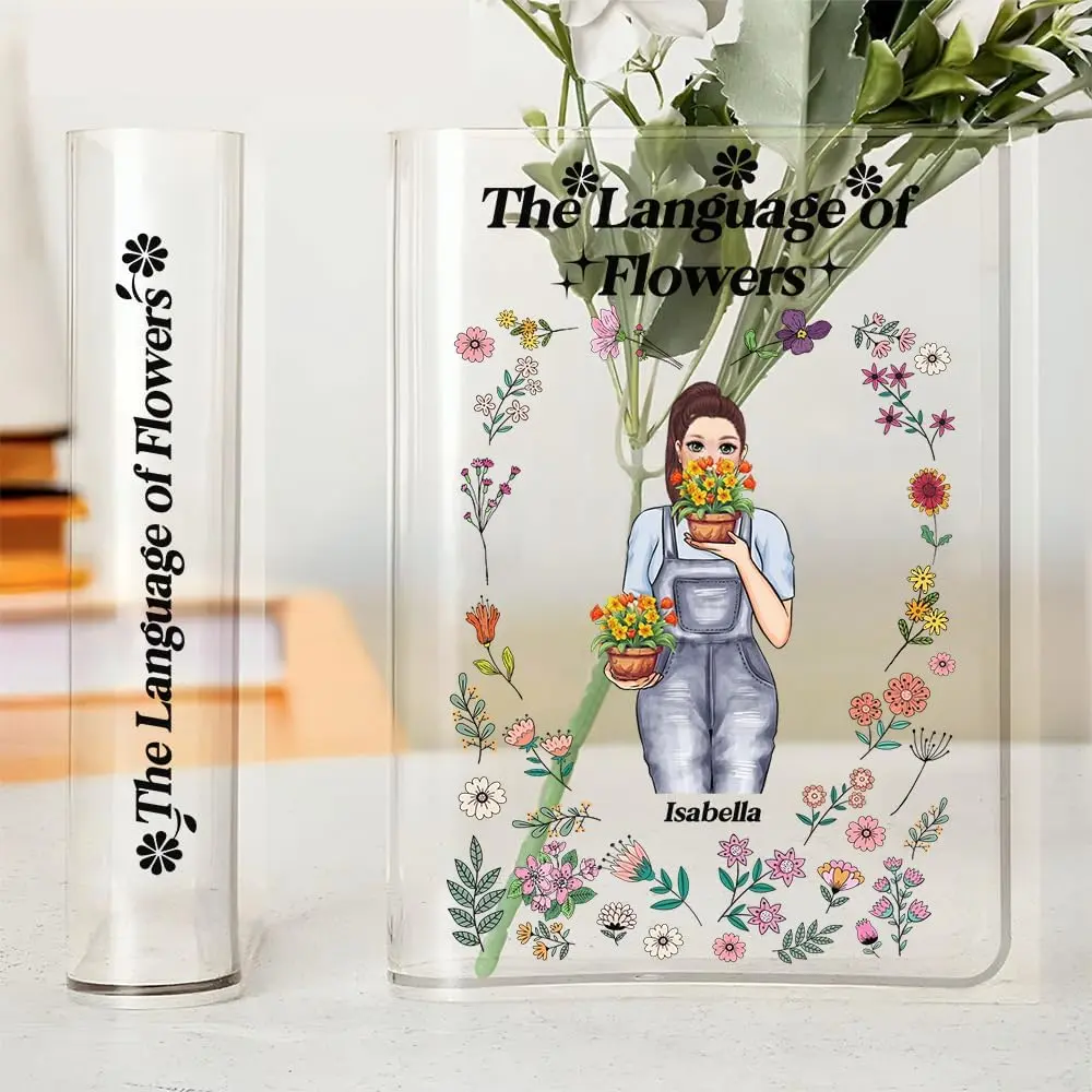 Personalized Acrylic Book Shaped Vase for Flowers Customize Acrylic Vase with Favorite Books Titles Bookshelf Decor for Book Lovers Librarians Birthday (Language of Flower)
