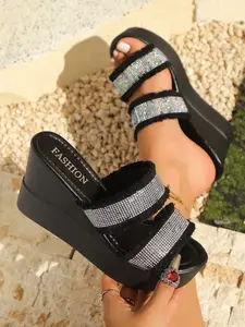 Women's Vintage Denim Rhinestone Thick Sole Sandals, Wedge Open Toe Slip-On Slides, Beach Vacation Fashion Footwear, Glitter Heeled Sandals