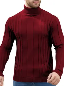 Men's Turtleneck Sweater, Ribbed Knit Slim Fit Pullover, Long Sleeve Warm Winter Top, Casual Plain Design, Burgundy Color, Fitted, Knitwear, Stylish, Classic