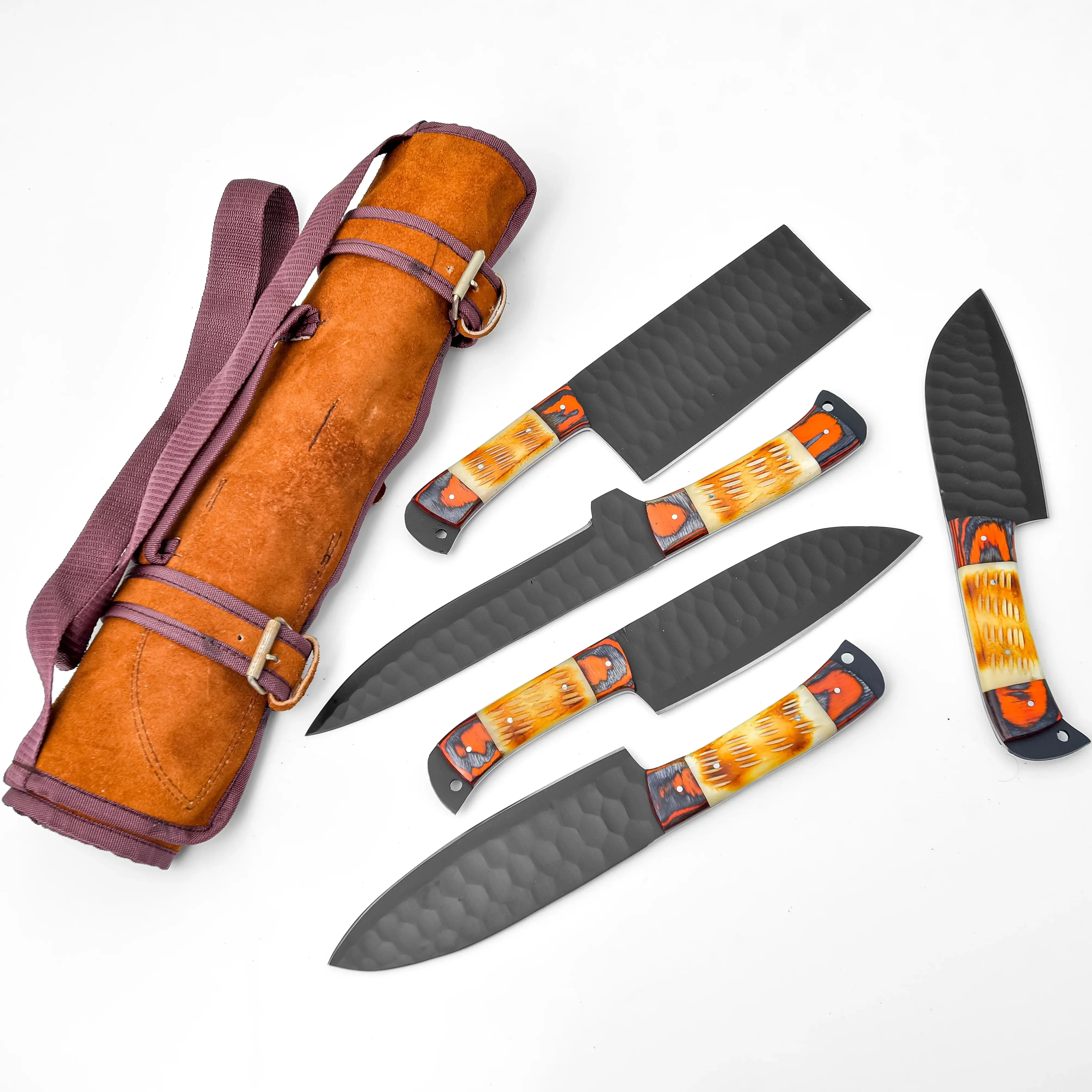 5-Piece Knife Set With Leather carry Bag Burnt Bone