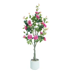 Artificial Rose Tree with White Pot, Decorative Fake Plant with Silk Leaves and Light Pink Flowers, UV-Resistant Faux Tree for Outdoor Indoor Garden Porch Decor,