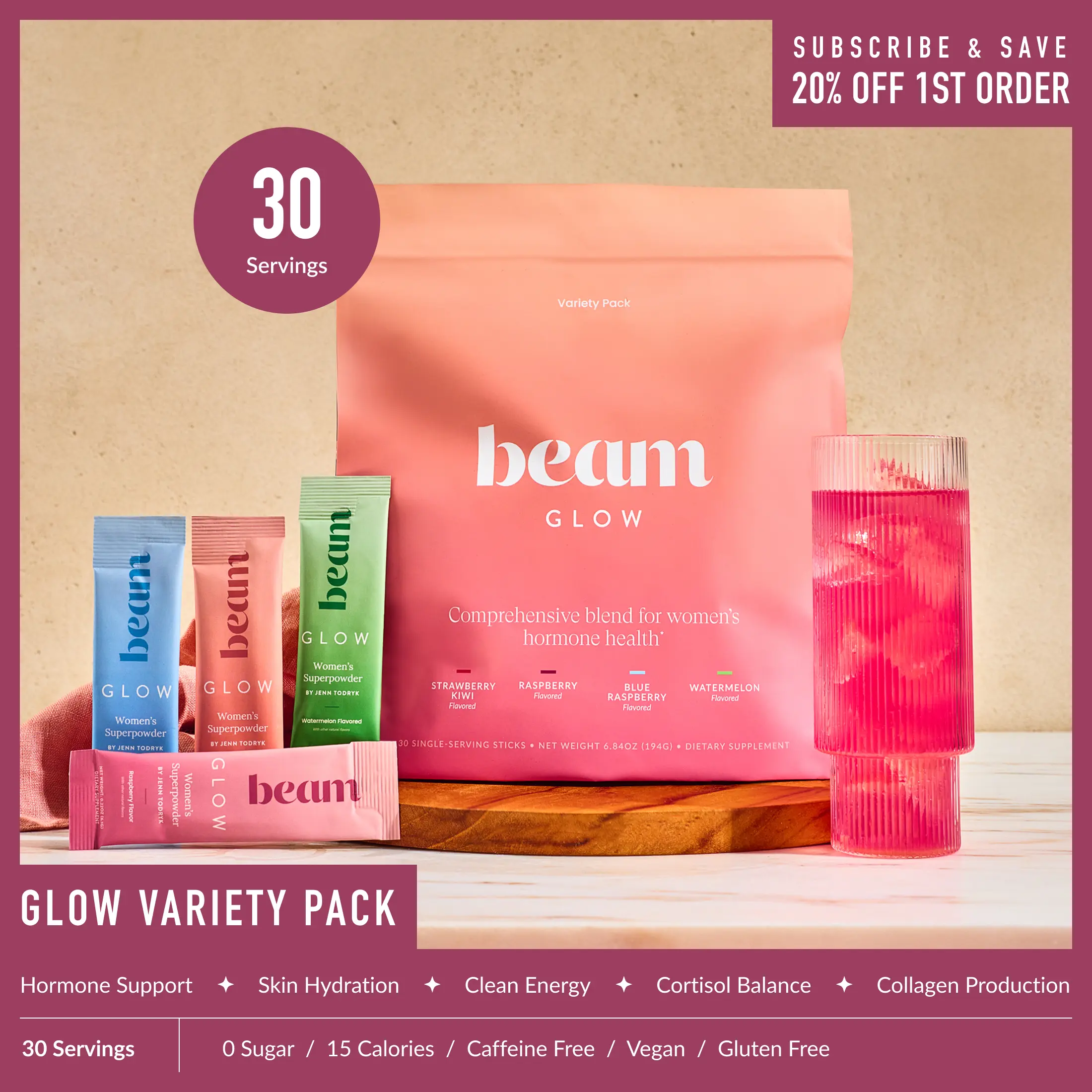Beam Glow Variety Pack Edible Dietary Collagen Beauty Wellness Supplement - 30 Single-Serve Vitamin Sticks for Women’s Hormone Balance, Skin, Hair, Nail Support (Strawberry Kiwi, Raspberry, Blue Raspberry, Watermelon Superblend)