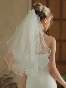 1PC French Retro Wedding Veil with Satin Bow & Pearls, Elegant Short Tulle Bridal Headpiece for Bachelorette Party, Wedding Ceremony & Bridal Shower