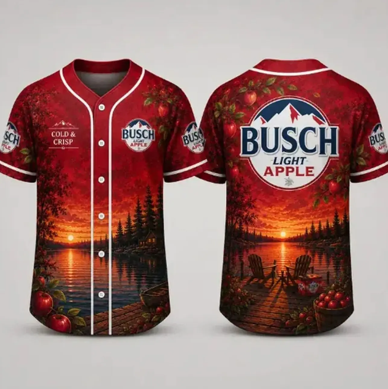 Busch Bapple Light Sunset Print Baseball Jersey - Men’s/Women’s Retro Beer Lover Button-Up Casual Wear, Softball Fan Shirt, Summer Lake Party Gear, Camping Gift, Sizes XS-5XL