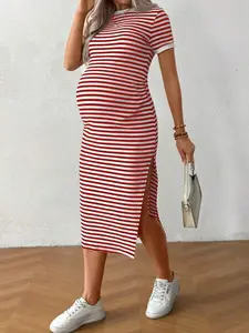 PARARA Maternity Casual Striped Round Neck Short Sleeve Split Hem Dress, Summer Bodycon Midi Dress Stripe Dresses For Women Maternity Dress Slim Dress Casual Midi Dress