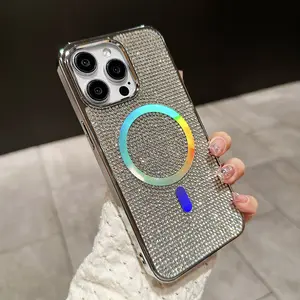 Magnetic Bling Rhinestone TPU Phone Case - Wireless Charging Friendly, Durable Protective Cover for iPhone 16,15,14 Plus Pro Max, Compatible with 13,12 Pro Max Smartphones