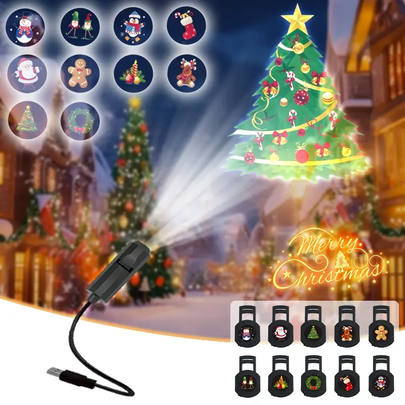Christmas LED projection lamp, with Christmas tree, reindeer, snowman, Santa Claus patterns, USB Powered, suitable for suitable for creating room and bedroom atmosphere, room wall and ceiling and Christmas, New Year's, Birthdays, Weddings decoration